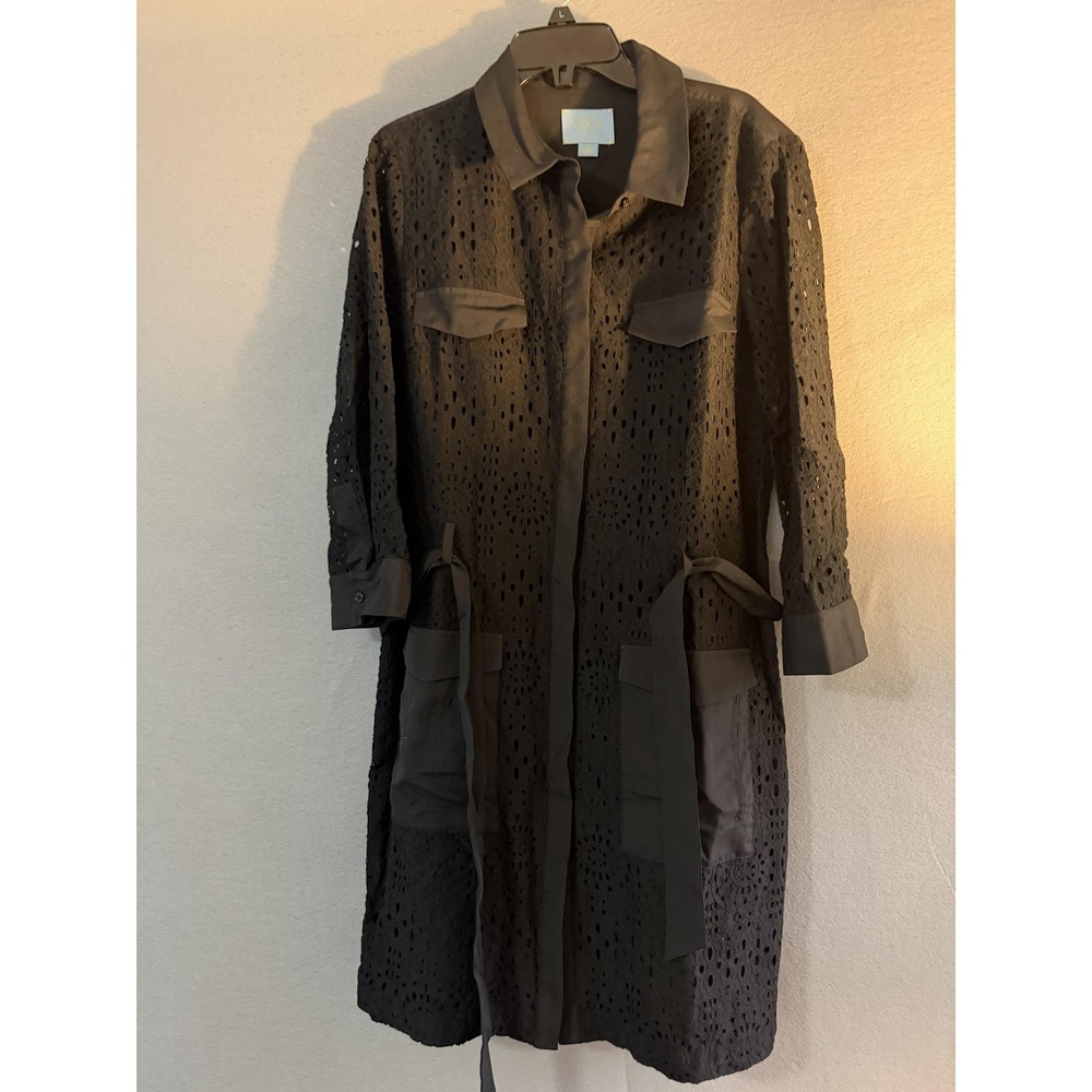 CeCe By Cynthia Steffe Dress Womens 12 Black Eyelet Lace Shirt 3/4 Sleeve Belted
